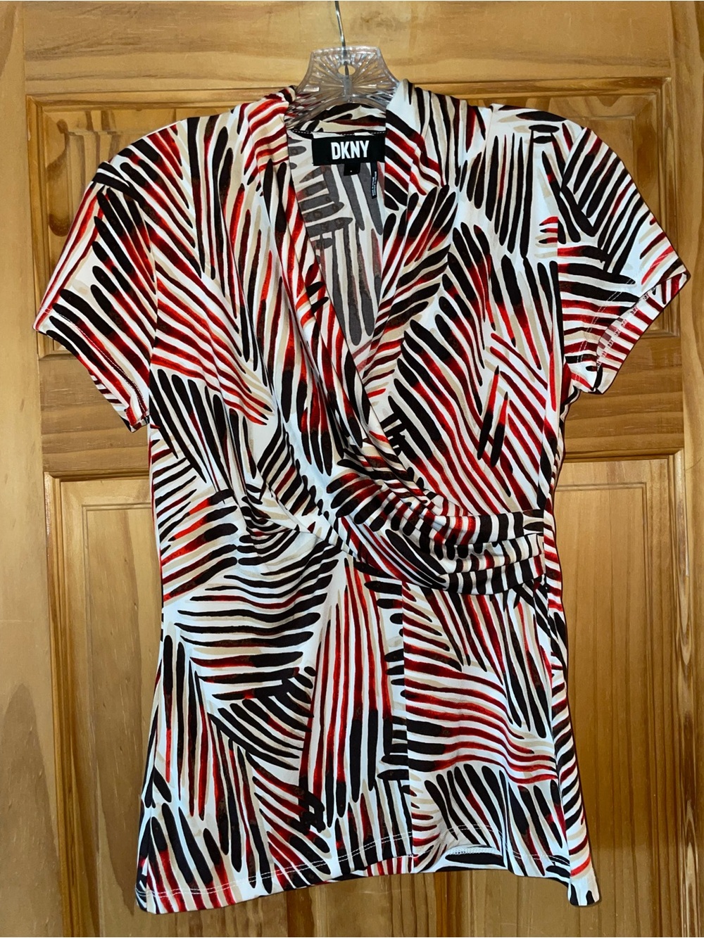 DKNY Red Black and White Abstract Surplice Wrap Top
